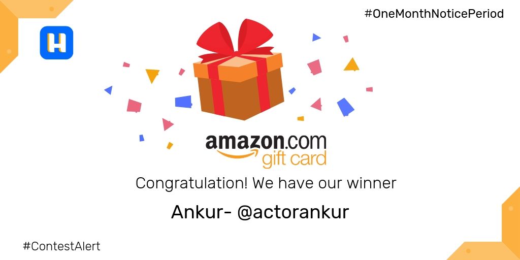 TheHushApp's tweet photo. Congratulations @actorankur! We are proud to announce you as a winner for the #OneMonthNoticePeriod twitter contest. An @amazon gift card is running its way to your mail :)
#hush #ContestAlert #onemonthnoticeperiod #Announcement #WINNER #AmazonGiveaway https://t.co/PlMiXyn3al