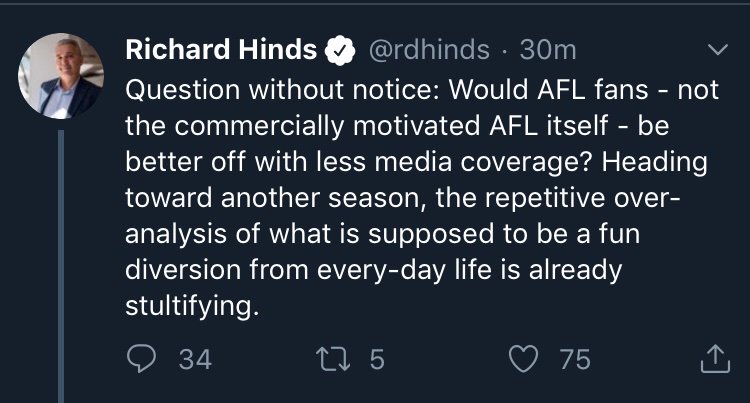 TKYC's tweet photo. Trick is to ‘curate’ (for want of a better word) the media inputs into your life.
- Avoid daily churn of Hun, Foxtel, SEN.
- For goodness sake unfollow all footy media on twitter / FB.
WhyTF does anyone follow Tom Browne, Kane, Robbo and Steevaux. FFS.
#Stultifying https://t.co/cPLUuUmyDK