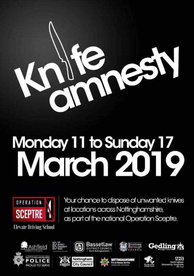 Today is the start of a 7-day Knife Amnesty...
——
Hand in any unwanted knifes/blades without fear of prosecution.
——
#KnifeAmnesty #Nottingham