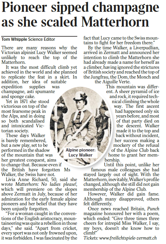 FSZermatt's tweet photo. Artikel in The Times "Pioneer sipped Champagne as she scaled Matterhorn" unter https://t.co/I3SSEZw0KR zur Lektüre bereit! https://t.co/XN5uhiUGQ6