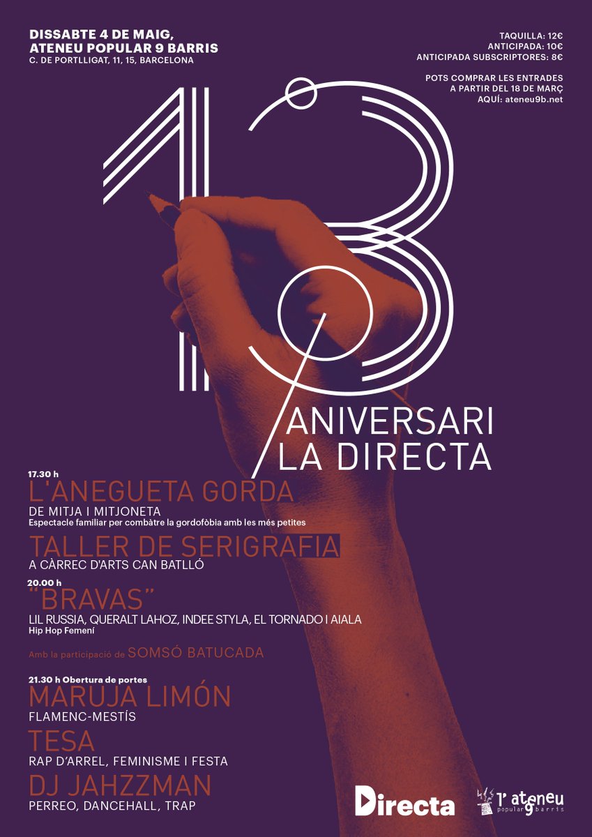 Directa (@la_directa) on Twitter photo Llancem el cartell fet per la <a href="/lidiaguimg/">Líli</a> del 13è #AniversariDirecta que es celebrarà aquest 4 de maig a l' <a href="/ateneu9b/">AteneuPopular9Barris</a>!
Amb:
<a href="/Mitjaimitjoneta/">Mitja i Mitjoneta Teatre</a>, <a href="/ArtsCanBatllo/">Arts Can Batlló</a>, <a href="/RussiaLil/">Irina</a>, <a href="/indeestyla/">Indee</a>, @elTornadoweb, <a href="/Marujalimonlive/">Maruja Limón</a>, <a href="/TesaAltesa/">👑 TESA 👑</a> i molt més! 👇👇 Llancem el cartell fet per la <a href="/lidiaguimg/">Líli</a> del 13è #AniversariDirecta que es celebrarà aquest 4 de maig a l' <a href="/ateneu9b/">AteneuPopular9Barris</a>!
Amb:
<a href="/Mitjaimitjoneta/">Mitja i Mitjoneta Teatre</a>, <a href="/ArtsCanBatllo/">Arts Can Batlló</a>, <a href="/RussiaLil/">Irina</a>, <a href="/indeestyla/">Indee</a>, @elTornadoweb, <a href="/Marujalimonlive/">Maruja Limón</a>, <a href="/TesaAltesa/">👑 TESA 👑</a> i molt més! 👇👇