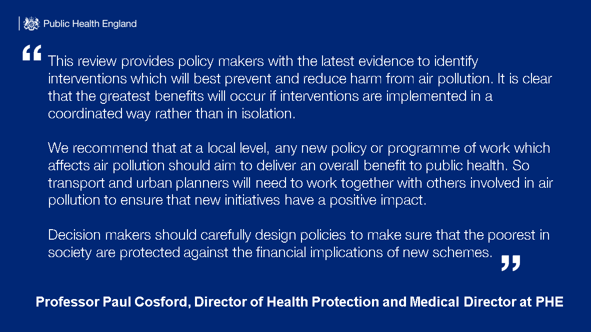 #AirPollution is the biggest environmental threat to health in the UK. Our latest review of the evidence will support local and national government in their actions to reduce air pollution. Read the full review: bit.ly/2J6aePk