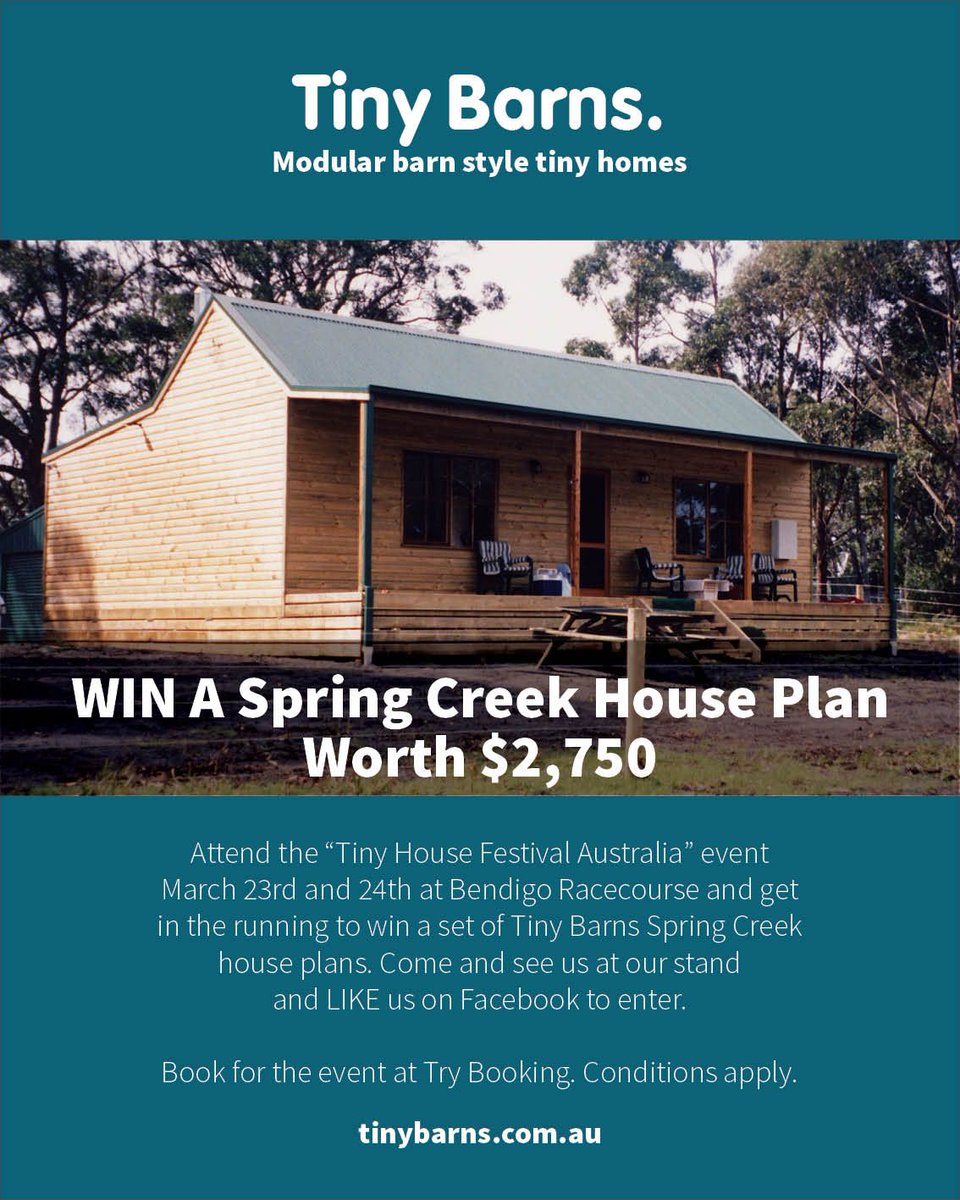 TinyBarns's tweet photo. Heading to the Tiny House Festival in Bendigo March 23 and 24 then come and enter the competition to win a Tiny Barns house plan valued at $2,750. @TinyHouseFestivalAustralia #tinybarns #tinyhouses #tinyhousefestivalaustralia #offthegridliving https://t.co/CK0rBJMOk0