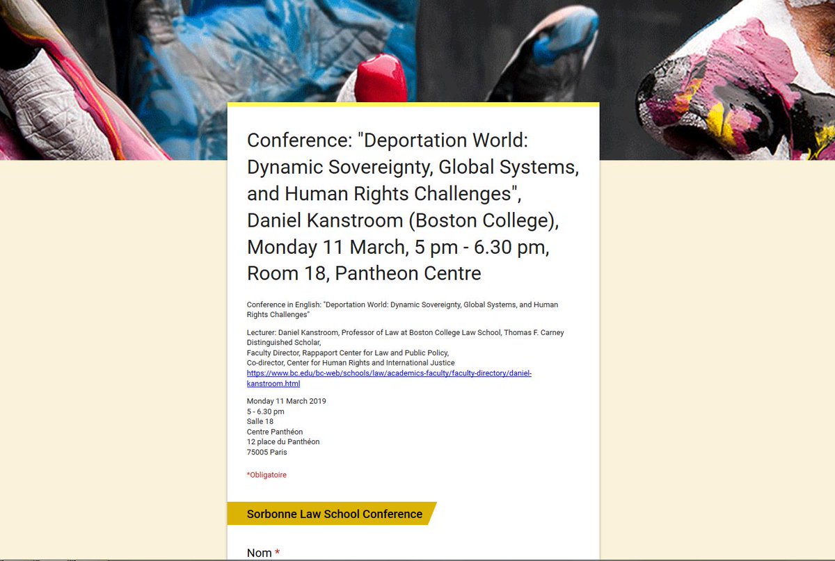 DesRelations's tweet photo. You are invited to a conference by Prof. D. Kanstroom of Boston College on Monday, March 11, 5:00 p.m. in Room 18 of the Centre Panthéon on the theme:  "Deportation World: Dynamic Sovereignty, Global Systems, and Human Rights Challenges".
Register on : https://t.co/pephtx7C7J https://t.co/pwAoEC408h