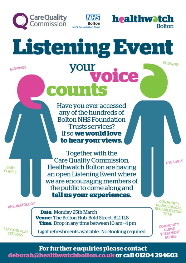 HWBolton's tweet photo. Want to share your expereinces of @boltonnhsft services?  Why not come along to our drop in listening event on Monday 25th March anytime between 10am-4pm at the Bolton Hub. @boltoncouncil @BoltonCCG https://t.co/oI4Jf1GqG3