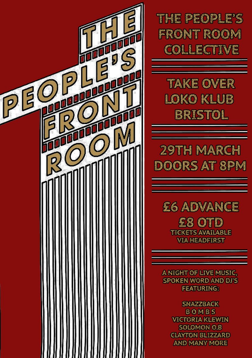 On the 29th March The People's Front Room Take Over At The <a href="/LocoKlub/">The Loco Klub</a> - get your tickets here: hdfst.uk/E52126
Music and magic from Snazzback, <a href="/chinabowlsmusic/">China Bowls</a>, @ruthroyallmusic, <a href="/SolomonConcepts/">Solomon O.B</a>, <a href="/ClaytonBlizzard/">Clayton Blizzard</a>, <a href="/BOMBSmusic/">BOMBS</a>, <a href="/VictoriaKlewin/">Victoria Klewin</a> and many more...✨#LiveMusic