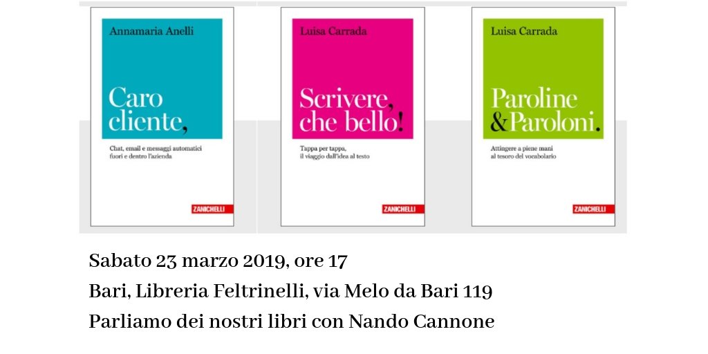 Amici di Bari e dintorni, sabato 23 marzo <a href="/pannaanelli/">annamaria anelli</a> ed io presentiamo le Chiavi di Scrittura alla Libreria Feltrinelli. Ci sarete? Sarebbe proprio bello incontrarci.
Grazie a @Zanichelli_ed, Libri nei vicoli del borgo, Human Marketers.