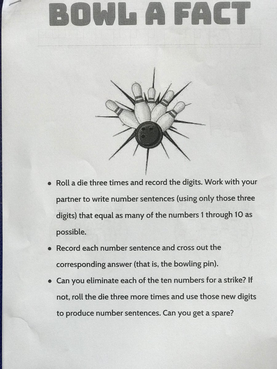 TeacherCraig's tweet image. Although this engagement allowed them to roll again for a spare, all children worked together and used their understandings of the order of operations to create equations totaling 1-10 on the 3 numbers found in a single roll. From @youcubed done @concordian #inquirymath #PYPmath