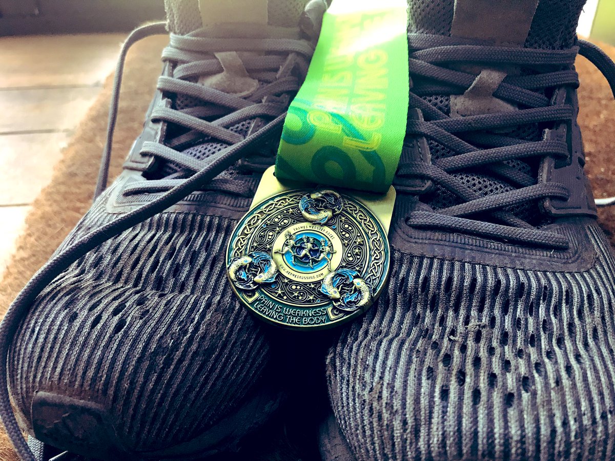 harveygallagher's tweet photo. My #MedalMonday celebrates no3 of my ##12in12 marathons, the #ThamesMeander but also goodbye to these knackered #running shoes, thanks for the miles! @runr_uk #runr https://t.co/uvbHHXWCTW