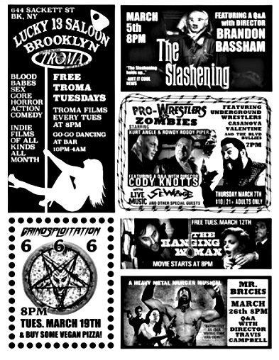 TonyNewton1's tweet photo. Don't forget! Grindsploitation 666 is screening at Lucky 13 Saloon Brooklyn! 8pm Tuesday  March 19th!  Free Tromovies! Also Check out the other cool free Troma  movies playing at the Lucky 13 Saloon in March! #TromaTuesdays #Troma  #grindsploitation  #grindhouse @lloydkaufman https://t.co/4lN6UYK7H8