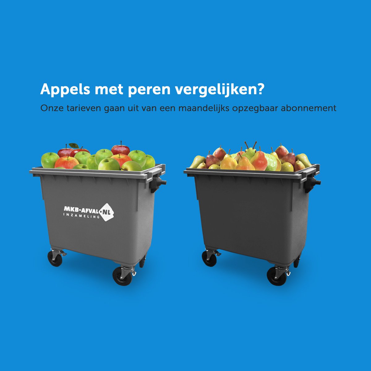 Wist u dat onze overeenkomsten standaard maandelijks opzegbaar zijn maar dat vergelijkbare webshops nog altijd contracten hanteren van minimaal 2 tot 5 jaar!

Laat u hierdoor niet verrassen en kies voor de flexibiliteit en service van MKB-afval.nl