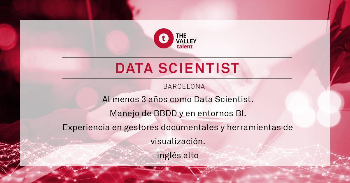 Da un potente salto laboral en tu carrera entrando a formar parte en una empresa de gestión documental como Data Scientist en Barcelona. Si tienes al menos 3 años de experiencia, mandanos tu CV a pgarrido@thevalleytalent.es indicando en el asunto el nombre del puesto