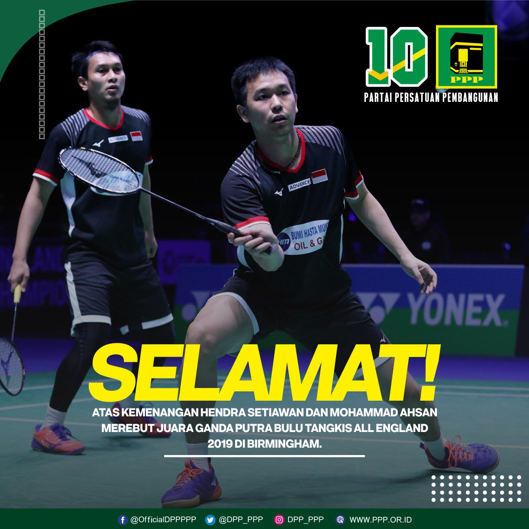 DPP_PPP's tweet photo. Selamat atas kemenangan "The daddies" Hendra Setiawan dan Mohammad Ahsan merebut juara ganda putra bulu tangkis all England 2019 di Birmigham.

We Proud of you 👏👏👏
#PPPBangga #PPP10Sempurna #TheDaddies #10Lewat10 https://t.co/UW5PtXR1mV
