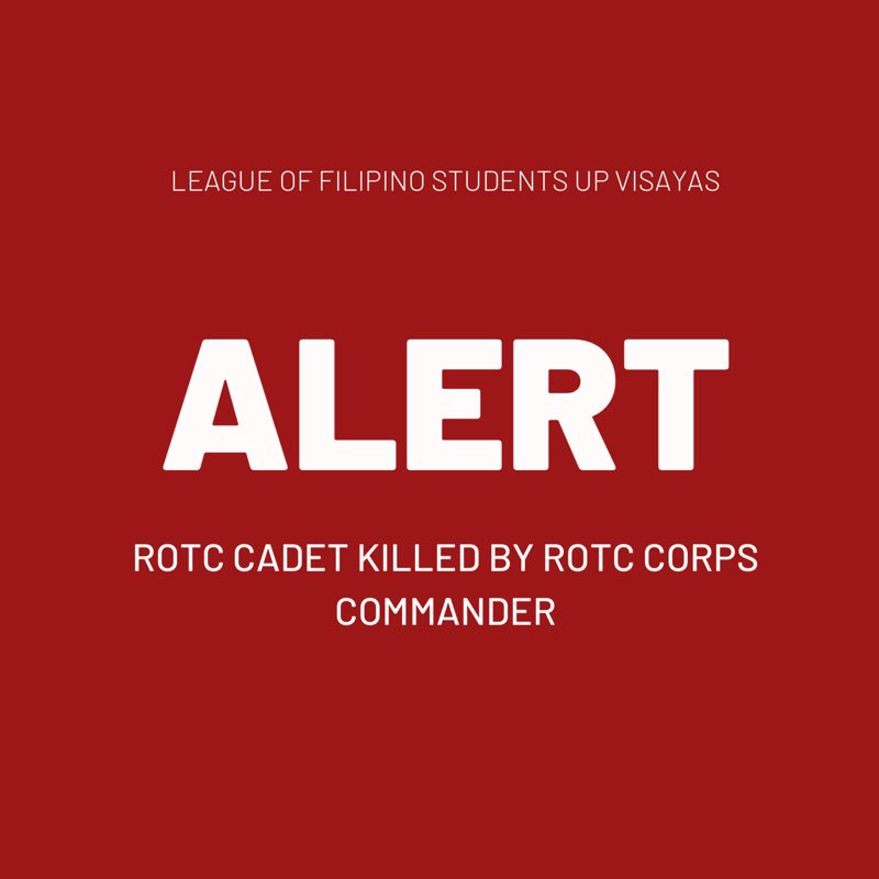 lfsupv's tweet photo. ALERT: ROTC CADET KILLED BY CORPS COMMANDER IN ILOILO STATE COLLEGE OF FISHERIES

The League of Filipino Students UP Visayas strongly condemns the killing of Willie Amihoy, a 23-year old student of Iloilo State College of Fisheries in Dumangas, Iloilo. https://t.co/84WrzO8S0o