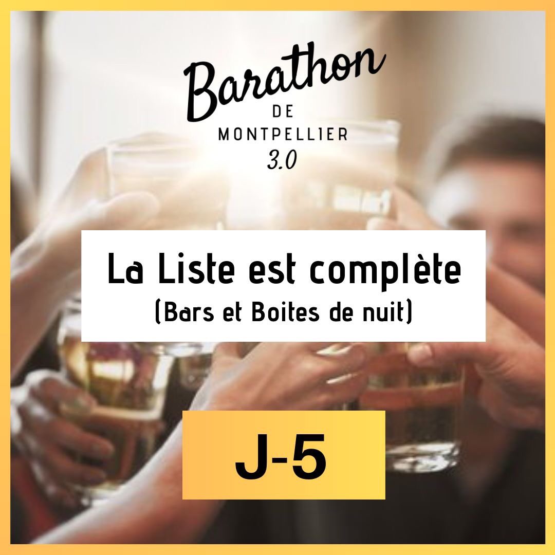 legrandbarathon's tweet photo. Plus que 5 JOURS à attendre ! 🍺
La Liste des Bars et Boites de nuit est complète !

✅Inscriptions : https://t.co/UosRPe3lma
➡️Événement : https://t.co/z9VWe2fa3J
.
#montpellier #barathon #fac #mtp #beerpong #beer #concept #bde #etudiants #VansChallenge @C_qui_le_Patron https://t.co/nBtMYHPEQF