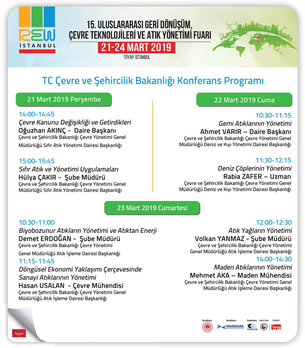 RewIstanbul's tweet image. REW İstanbul fuarı kapsamında Çevre ve Şehircilik Bakanlığı yetkilileri tarafından sektör ile ilgili güncel konularda konferanslar düzenlenecektir. Katılım sağlayabilmek için bit.ly/2Een2x5 linkinden online kayıt formunu doldurmanız yeterli olacaktır.