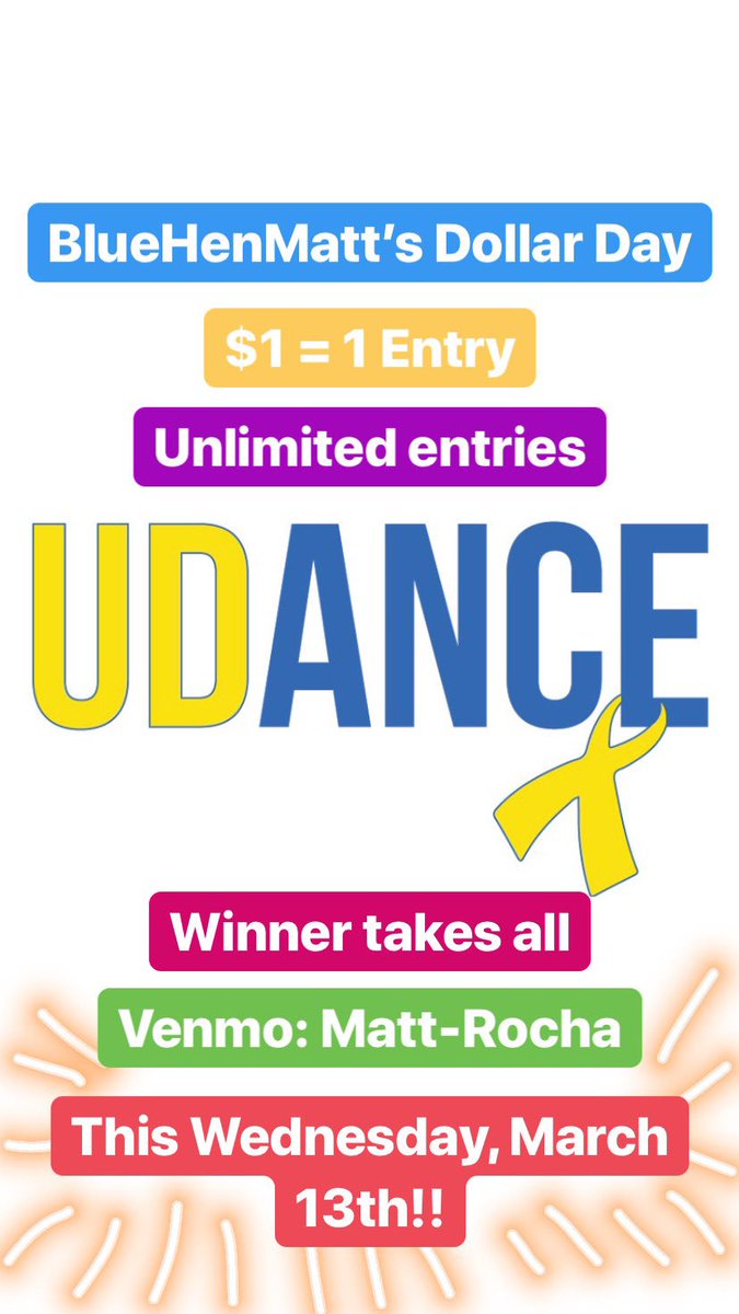 BlueHenMatt's tweet photo. HEY BLUE HENS!! I’m hosting a UDance Dollar Day this Wednesday, March 13th! $1 per entry, unlimited entries, winner takes all! Super easy way to bring up your UDance total! Tag all your friends! Let EVERYONE know! LET’S DO THIS!! #FTK 💙💛 https://t.co/zyTsw5HgJ2