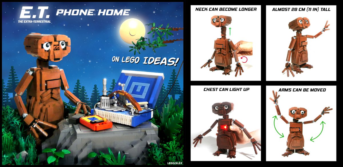 This realistic model of E.T. can become a real LEGO set if it reaches 10000 votes! 
Check it out at ideas.lego.com/projects/ea4d4…

#et #extraterrestrial #80smovie #stevenspielberg #lego #legoideas #afol #legomoc #alien #legoart #model