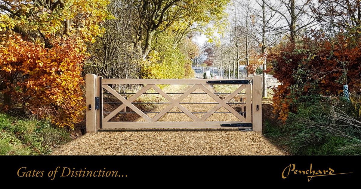 <a href="/PenchardUK/">Penchard UK</a> untreated #Oak &amp; t-washed metal gates.  Will quickly take on a weathered look to blend in with its surroundings. The metal bars run through the crossbars for added strength. #rural #archtiectdesign #entrancegate #electricgates #bespoke #swinggates