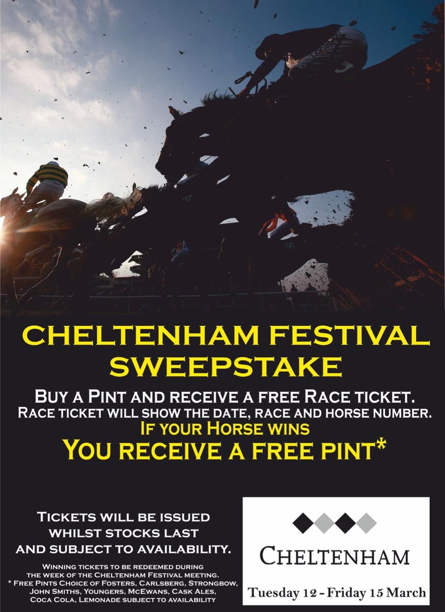 😍 Happy Cheltenham Eve everyone

🐎 Daily Cheltenham Sweepstake

🍺 Buy a pint and receive a free race ticket

🎫 Race Tickets will show a date, race and horse number  

🙌 If your horse wins you WIN a free pint

📑 T&amp;Cs apply.

#CheltenhamFestival 🏇