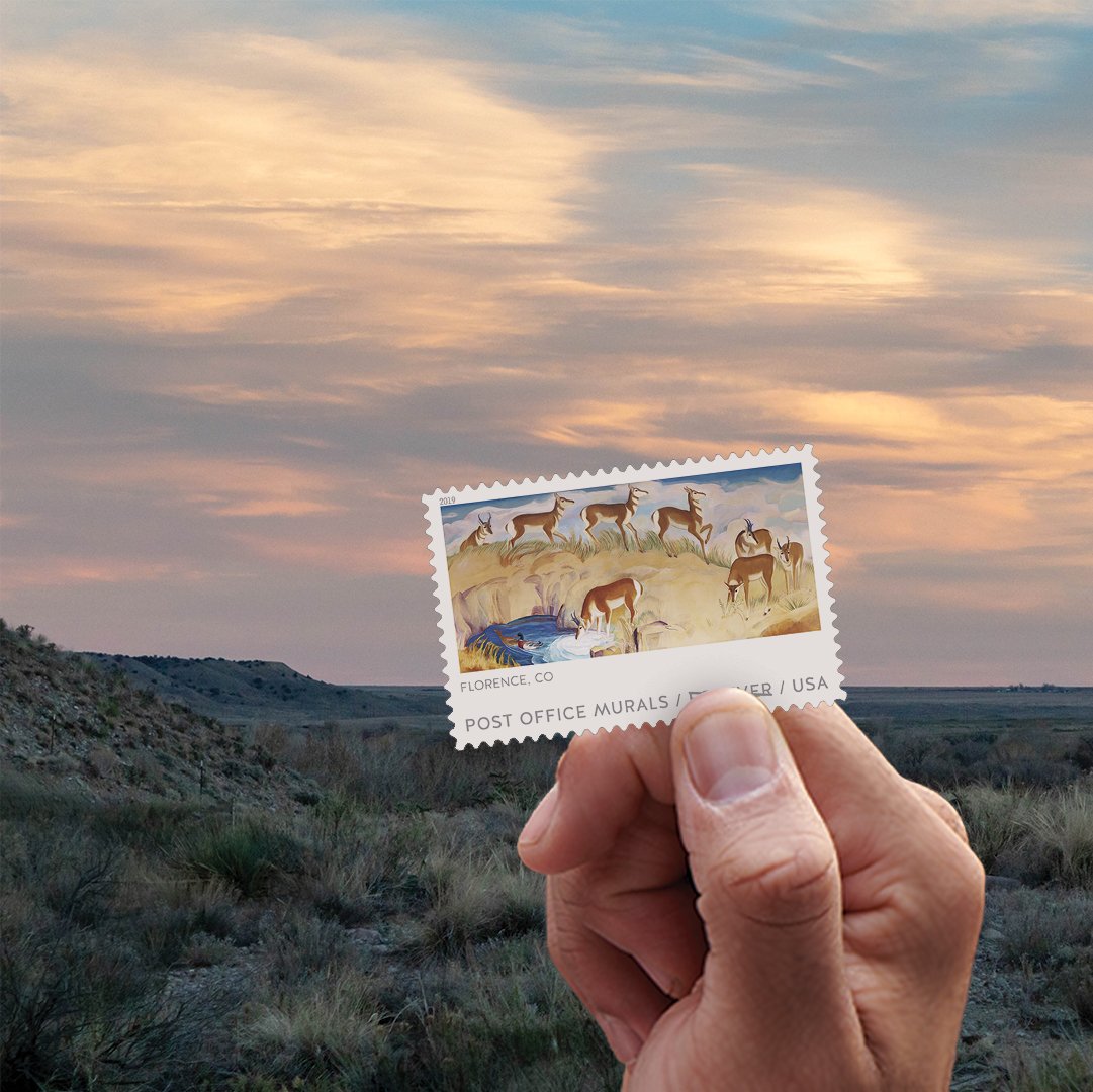 Take a road trip back in time to 1930s-40s America via our new Post Office™ Murals stamps. Soon you’ll be able to take this “Antelope” scene (which hangs in the Florence, CO Post Office™) home, along with four other mural stamps. Stay tuned for release dates. #MuralStamps