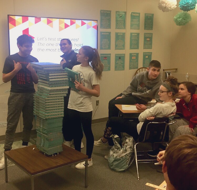 MrsMBloom's tweet photo. Can there be hands-on, interactive grammar instruction that students actually enjoy? These @EmporiaSpartans engineers seem to think so during their structure-building contest! #ParallelStructure #RealWorldApplication https://t.co/nEsXPqGKIn