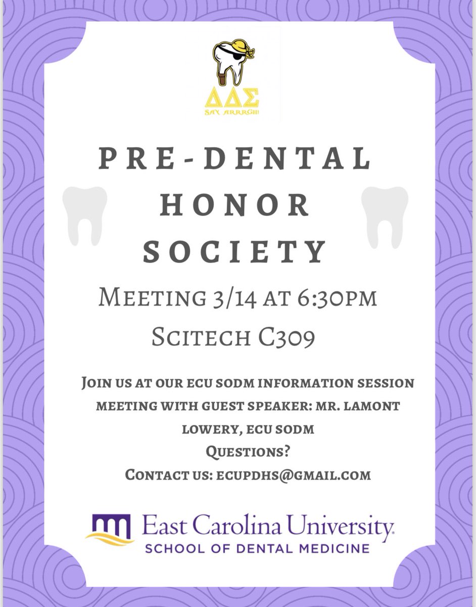 Hey Pre Dental Pirates! We have a meeting this Thursday with a very special guest speaker, Mr. Lowery from the ECU SoDM! Please dress business casual for this meeting 😁#predentalpirates