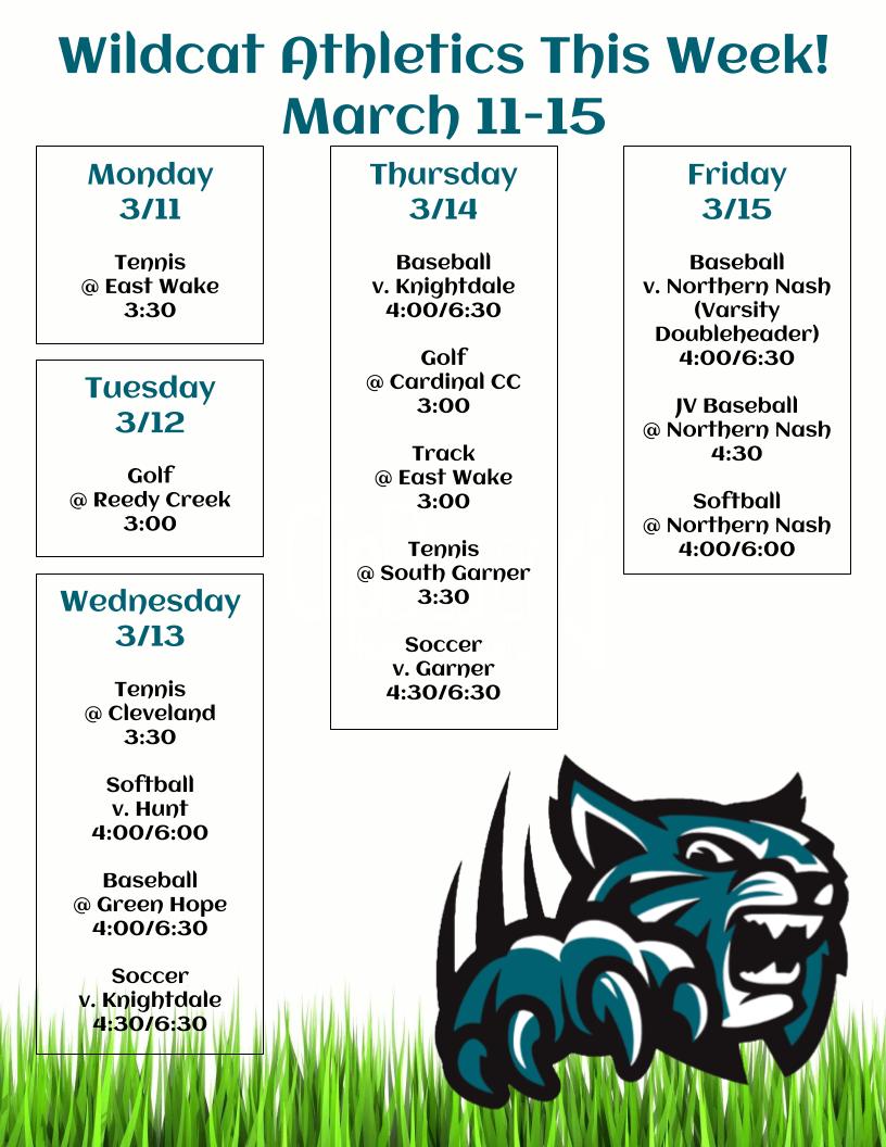You've got more sunlight this week to watch our spring sports teams in action!  Come watch West squaring off against <a href="/KnightdaleHS/">Knightdale High</a>, <a href="/garnertrojans/">Garner Trojans</a> <a href="/eastwakehs/">East Wake iTech and Design Magnet High School</a> <a href="/SouthGarnerHS/">South Garner High School</a> and <a href="/NNHS_Athletics/">Northern Nash Athletics</a>! #competewithclass  <a href="/WjhsNc/">West Johnston High School</a> <a href="/WJHSBoosterClub/">WJHS Booster Club</a> <a href="/WJ_Wildcats_BB/">WJ Wildcats Baseball</a>