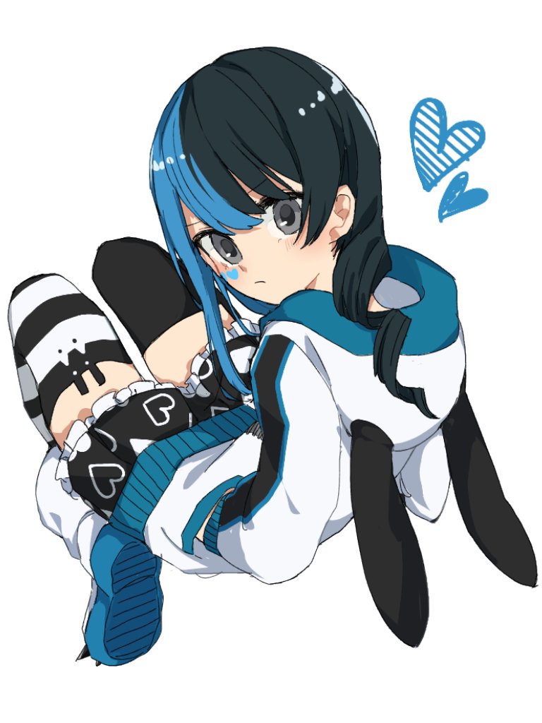 1girl solo thighhighs hood blue hair heart looking at viewer  illustration images