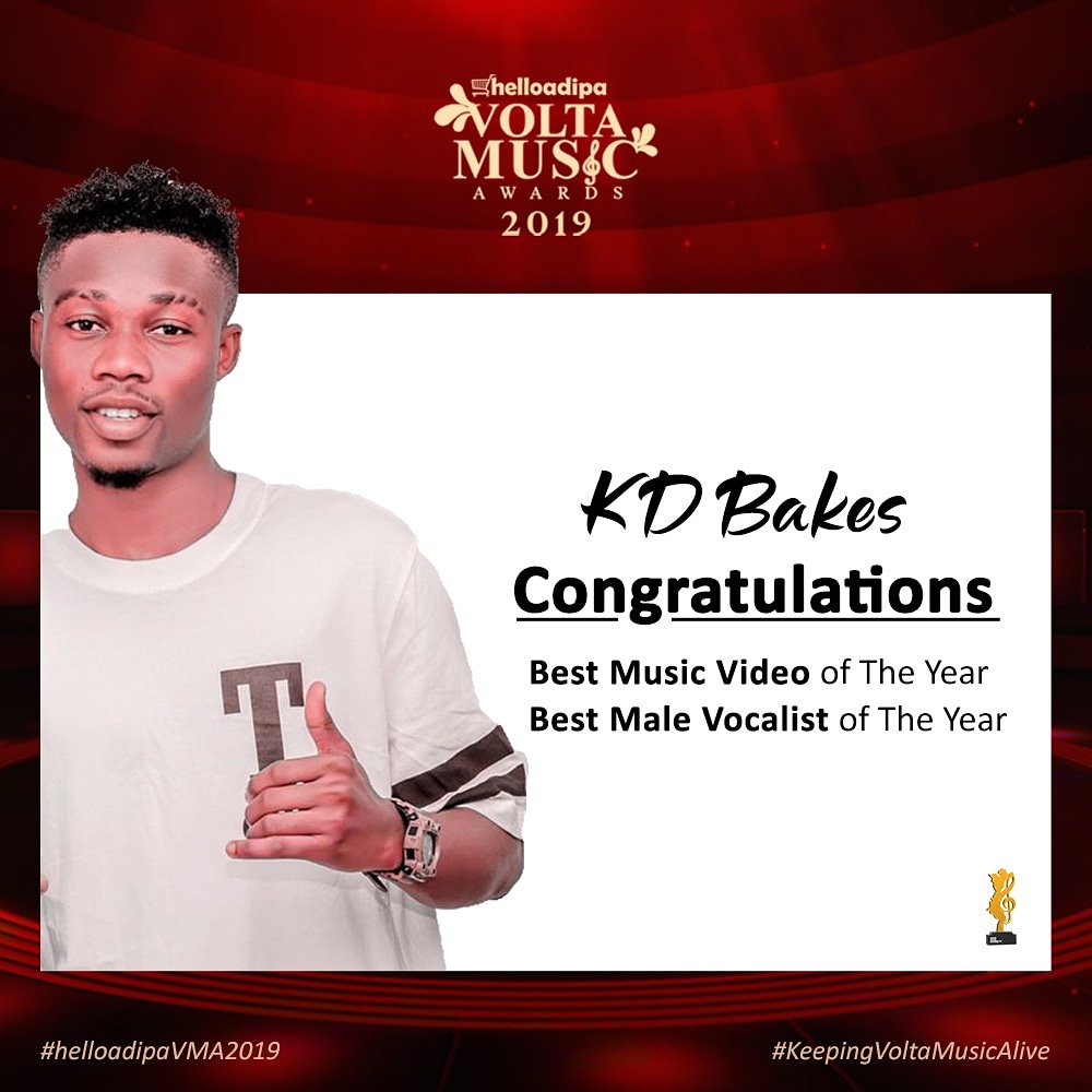 VoltaMusicAward's tweet photo. Congratulations to @Kdbakes8 for emerging winner of the BEST MUSIC VIDEO &amp; BEST MALE VOCALIST OF THE YEAR  at the just ended @Helloadipa Volta Music Awards 2019.
#helloadipaVMA2019 #KeepingVoltaMusicAlive https://t.co/kuhGQ2IJtB