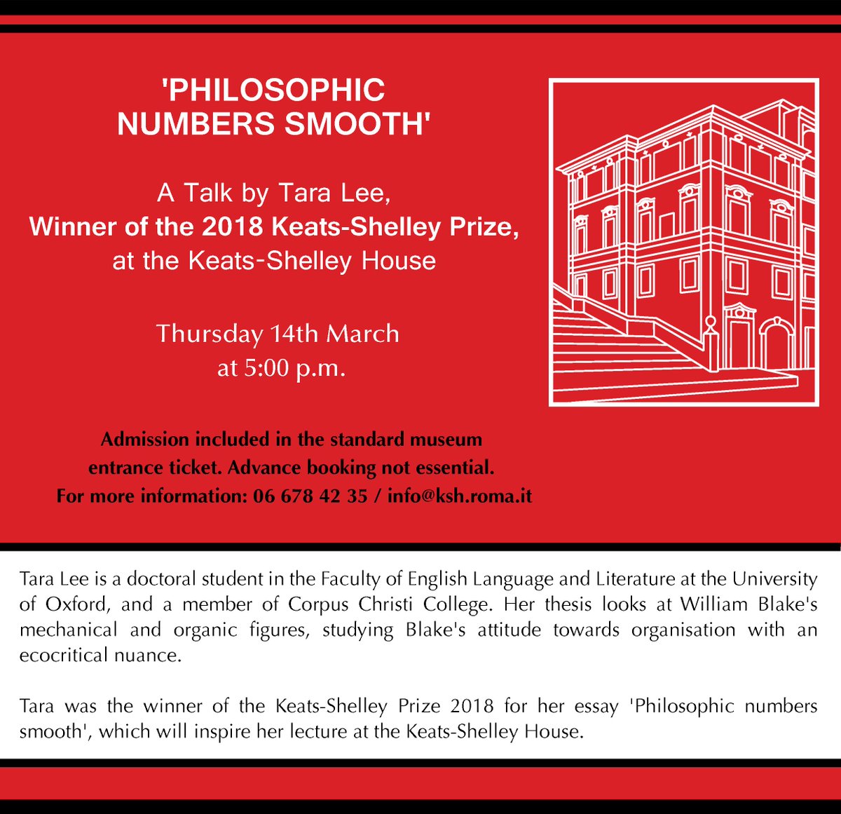 14 March 2019, 5pm. Talk <a href="/Keats_Shelley/">Keats-Shelley House</a>: Tara Lee on 'Philosophic Numbers Smooth'. We are doubly thrilled as Tara won 2018's Keats-Shelley Essay Prize. Details below.