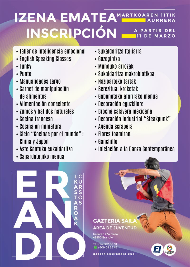 Erandiokoudala's tweet photo. Cursos Juventud de Erandio - 2019

Localiza tu(s) curso(s) aquí: https://t.co/bTgf7WKWCZ 

Inscripción: a partir del 11 de marzo

#erandio  #erandio_juventud https://t.co/xzjVYJUb5o