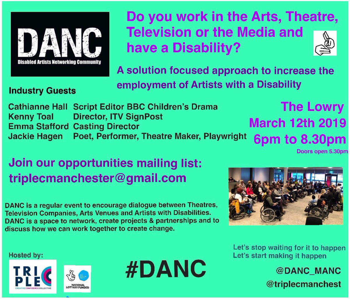 <a href="/ActWorkshopsMCR/">Actor Workshops Manchester</a> Do any creatives in #manchester fancy volunteering tomorrow evening at @DANC_MANC around the employment of artists with disabilities - we need some note takers #directors #writers #theatre #artists #tv #writers
eventbrite.co.uk/e/danc-disable…