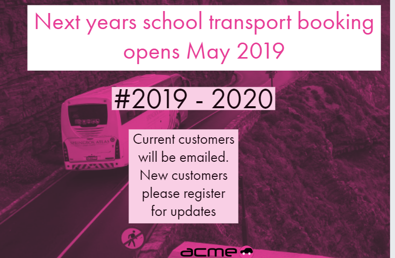 We will be taking bookings in May 2019 for the new school year.

Existing customers will be emailed in May 2019

New Customers please register by following this link below:

page.co/j4ZL