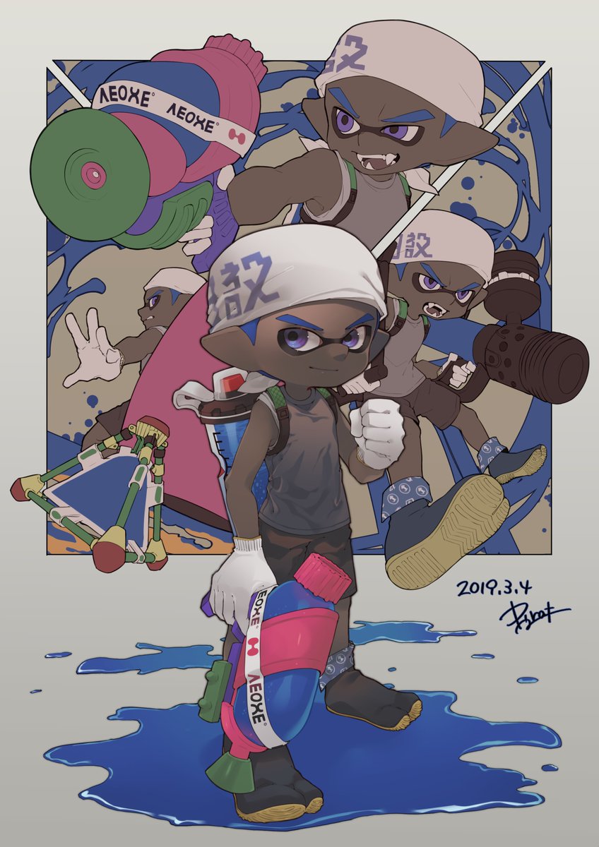 inkling ,inkling boy holding gloves dark skin dark-skinned male dated multiple boys holding weapon  illustration images