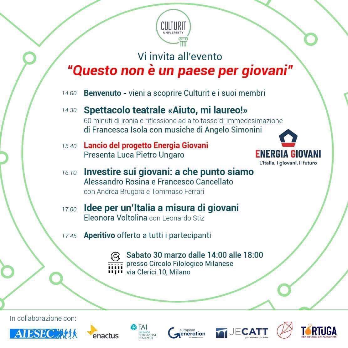 Sta arrivando la VI edizione della Culturit University organizzata da <a href="/Culturit/">Culturit</a> . Evento finalizzato a delineare le opportunità offerte dal contesto lavorativo e sociale. I giovani del FAI ci saranno e voi? Appuntamento il 30 marzo alle 14.00 Al Circolo Filologico