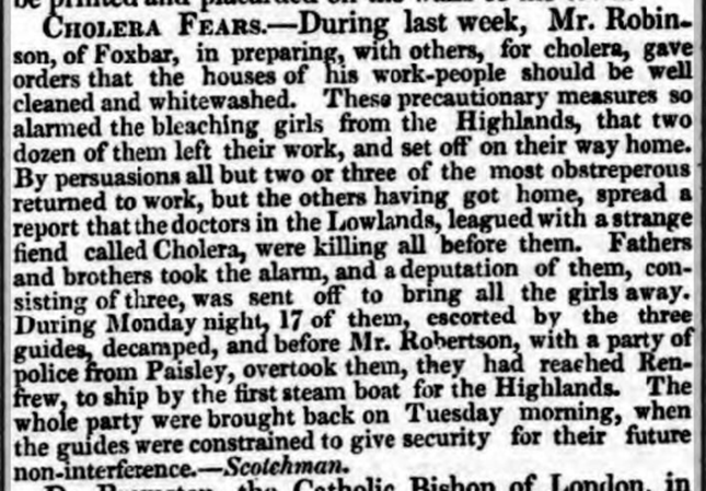 mariszkalime's tweet photo. March 1832, some #Highland girls, working at the #Foxbar #Bleachfields, were so scared by the threat of #Cholera, that they left their employment & returned home.
This incited their fathers and brothers to travel to #Paisley in order to bring home the remainder of the girls. https://t.co/PwR5gBfgFg
