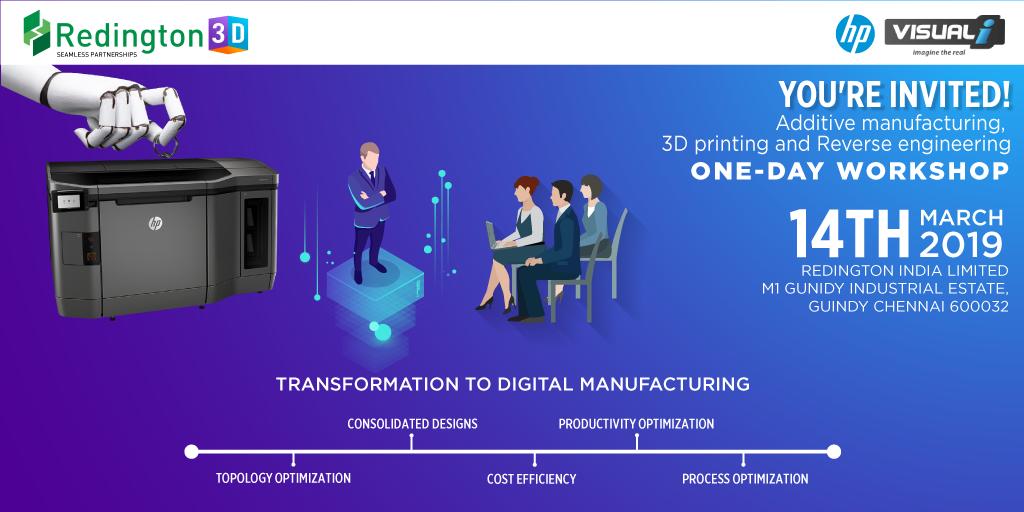 Redington3D's tweet photo. Transformation to Digital Manufacturing - Introducing one-day 3D Printing and Scanning Workshop for Manufacturing Companies.
These workshops will be held once every month. The first workshop will be on 14 March 2019.
Interested companies write to us at charu.latha@redington.co.in https://t.co/29IXmOwKuT