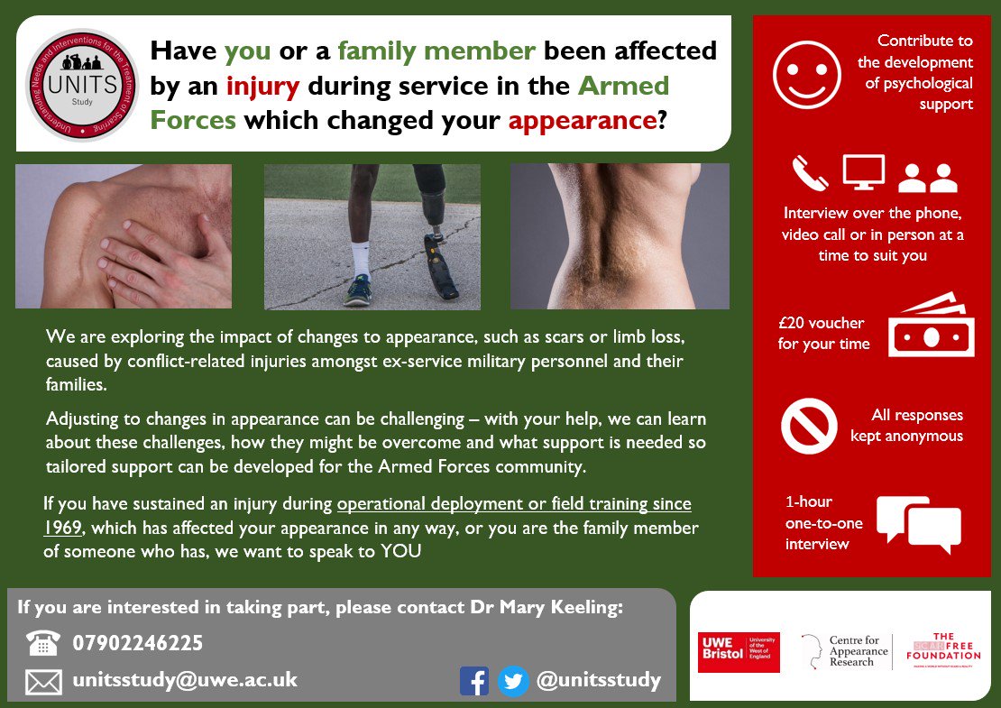 Help us understand how adjusting to physical scarring and limb loss can impact #veterans' psychological wellbeing. Now recruiting for the first UNITS study!