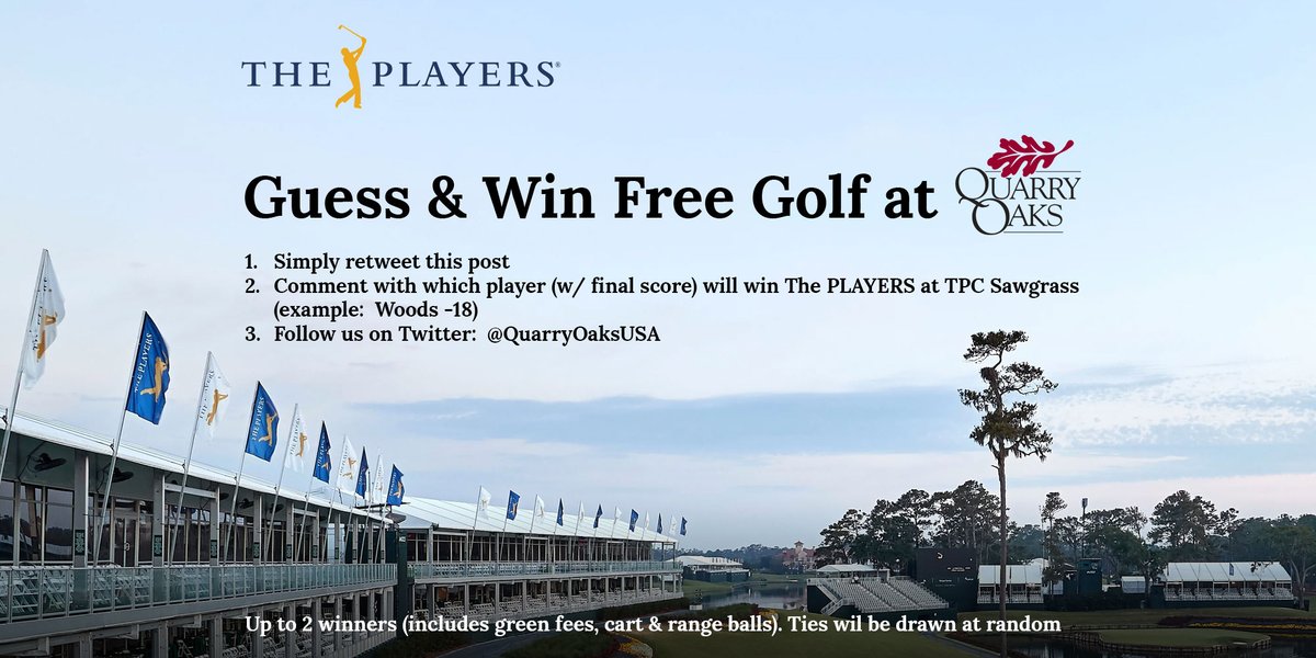 QuarryOaksUSA's tweet image. CONTEST:  Correctly pick the winner of the @THEPLAYERSChamp (w/ score) for a chance to win one of two rounds of golf at #QuarryOaks.  

Give this tweet a RT + Follow us to qualify.  One entry per person.  #GoodLuck ⛳️

Contest closing on Thursday at 11:59PM CST.