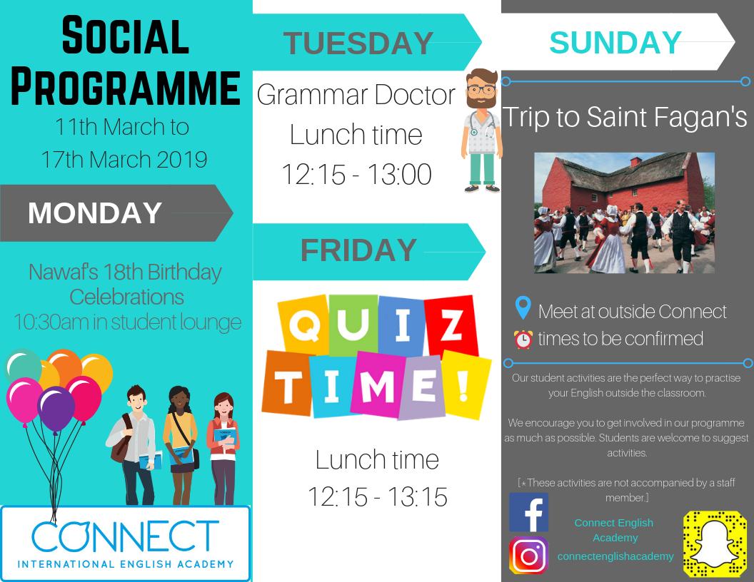 🎉 Social Programme 

😎 Lots of fun things to do this week
#SocialProgramme #Activities #Fun #SaintFagans #Museum #QuizTime #Birthdays #Grammar #Cardiff #Wales #StudyUK