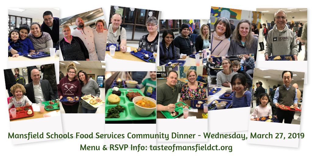#MansfieldMonday: The next #MansfieldCT Schools Community Dinner will be Wed, Mar 27 - last one of the school year! Free & open to everyone - RSVP by March 20: tasteofmansfieldct.org - Food Services Dir. Stephanie has a great menu planned! #TasteofMansfield #ConnectingCommunity