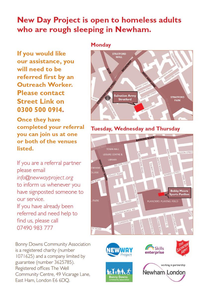 Check out the new leaflet designed by our partners <a href="/NEWwayproject/">NEWway</a> for the New Day Project advice and support centre for rough sleepers in #Newham. More info at bonnydowns.org/newday.