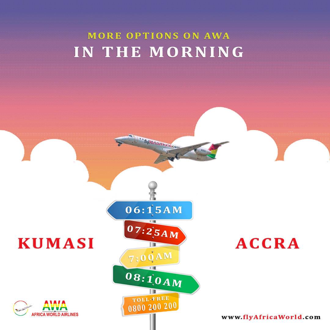 flyafricaworld's tweet image. We know you will love it, AWA offers you multiple options in the morning to and from Kumasi effective from 12MAR19.  6:15am &amp;amp; 7am from Accra to Kumasi and 7:25am &amp;amp; 8:10am from Kumasi-Accra. #flyAWA #StartEarly #MultipleOptions #AccraToKumasi #TouchingAfrica #TouchingTheWorld