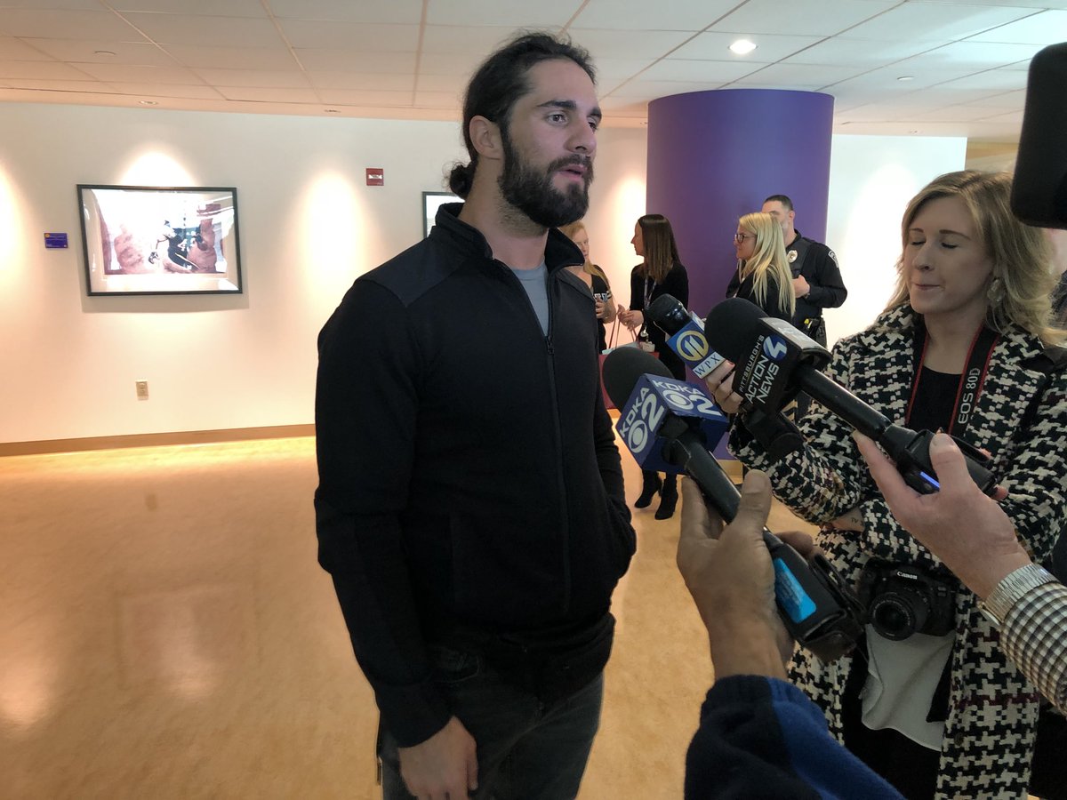 WWEPR's tweet photo. .@WWERollins talking @ConnorsCure with the press @ChildrensPgh https://t.co/9JdC2JYakV