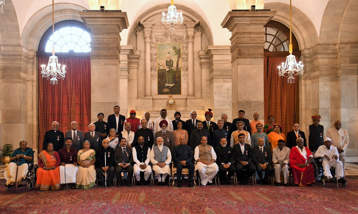 narendramodi's tweet photo. Joined the ceremony in which Padma Awards were conferred on various distinguished citizens. 

Congratulations to all those who received the awards. 

India is proud of their exemplary service and accomplishments. https://t.co/QREg48bI5i