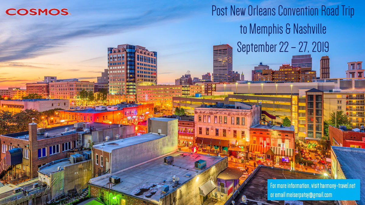 harmony_travl's tweet photo. Post Convention ROAD TRIP with Harmony Travel!  Since you're traveling to New Orleans for the 2019 SAI Competitions/Convention, join HT on our playtime in Memphis and Nashville.  Jazz to Blues/Rock n Roll and Country plus great food and sightseeing.  https://t.co/x6QlHZAsk9 https://t.co/cqquFhCNIg