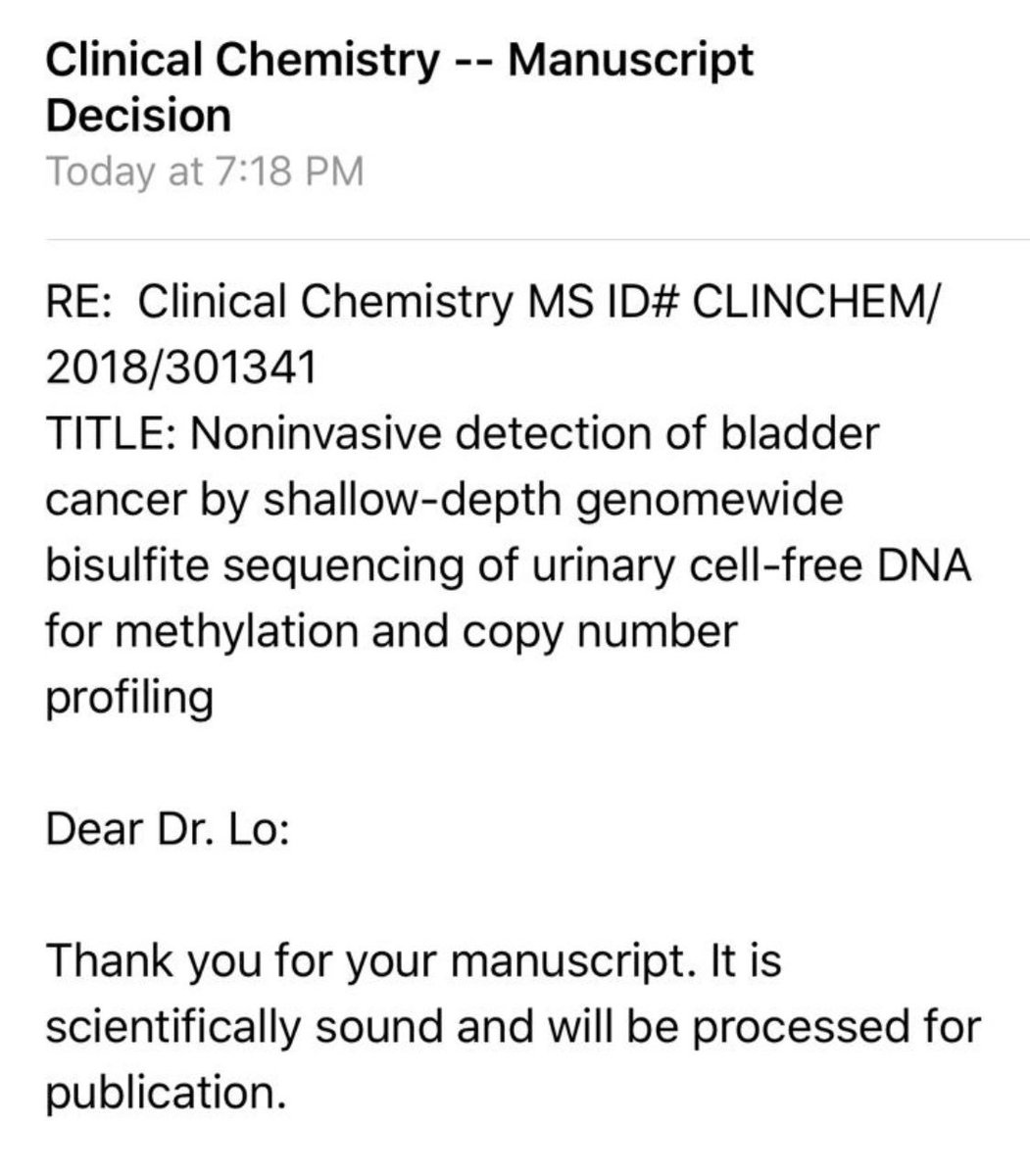 Urinary cell-free DNA for bladder cancer paper accepted today - what a great birthday present! #UroSoMe #ClinicalChemistry