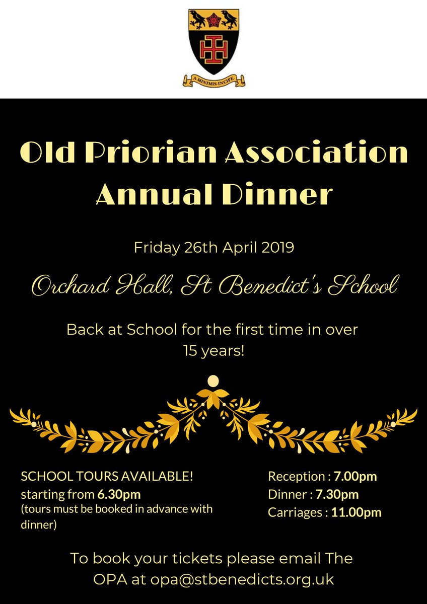 Join us for the <a href="/oldpriorians/">The OPA</a> OPA Annual Dinner 2019 on the 26th April!!!
<a href="/stbenedicts/">St Benedict's School</a> will be hosting the dinner for the first time in more than 15 years! 

Get your tickets here: opaealing.org.uk/events/the-pre…