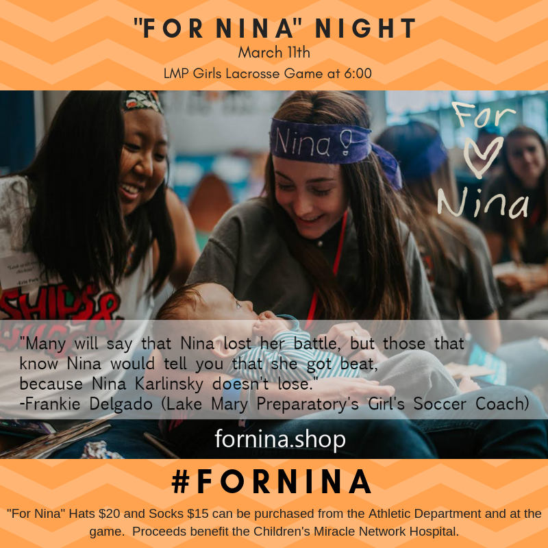 LMPathletics's tweet photo. Come out and support the Karlinsky family and our Lady Lax team as we honor Nina tonight. Tribute begins @ 5:45pm! @LMPlacrosse #fornina #oneLMP https://t.co/Iitfz1dHFU